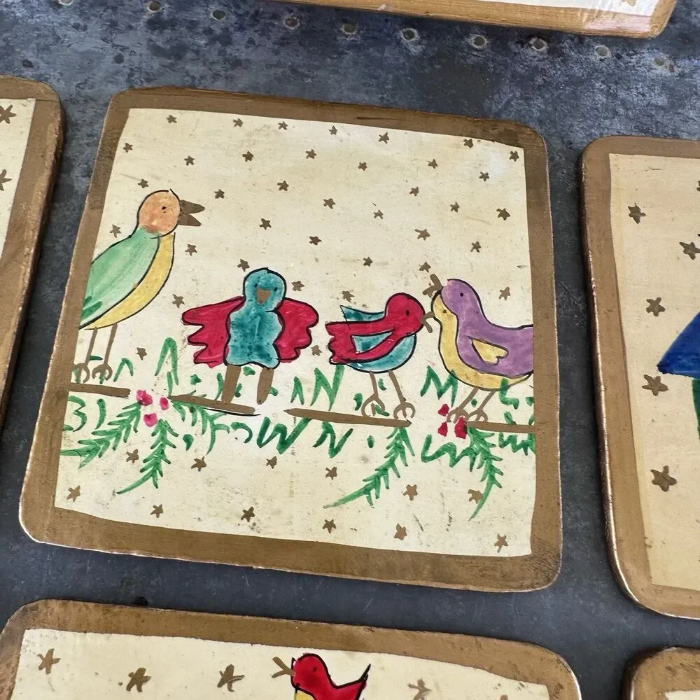 VTG Foreside Christmas Birdhouse Tree Coasters Set 6 Papier Mache Square W/ Box